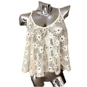 VTG Joyce Leslie Lace Halter Crop Top Size L Ivory Floral Sheer Fairy Whimsy